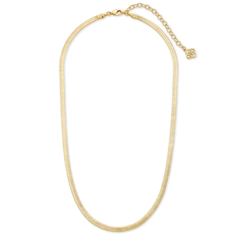 A gold snake chain necklace with a lobster clasp and an adjustable extender chain featuring a small gold charm, displayed on a clean white background.