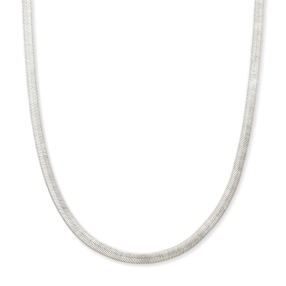 A silver-toned snake chain necklace shown in a U-shape against a plain white background.