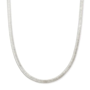A silver-toned snake chain necklace shown in a U-shape against a plain white background.