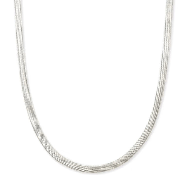 A silver-toned snake chain necklace shown in a U-shape against a plain white background.