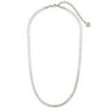 A silver-toned snake chain necklace with a small circular engraved charm, displayed on a clean white background.