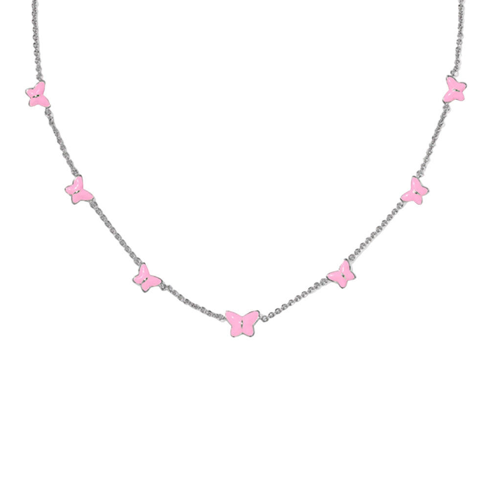 Necklace with pink butterfly pendants on a white background
