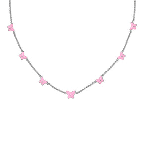 Necklace with pink butterfly pendants on a white background