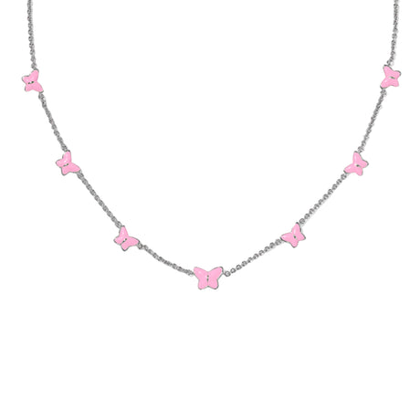 Necklace with pink butterfly pendants on a white background