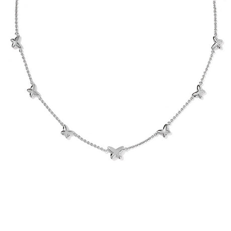 Silver necklace with butterfly pendants on a white background