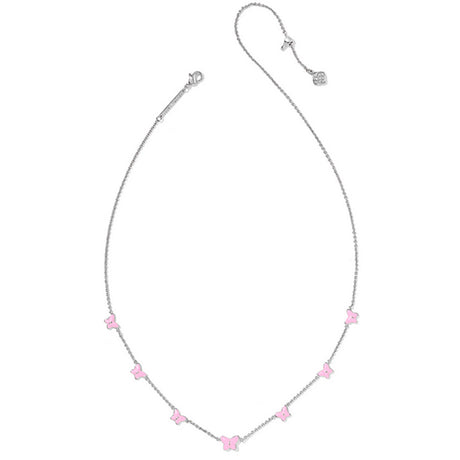 Necklace with pink butterfly pendants on a white background.