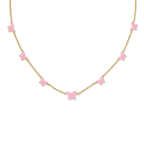 Necklace with pink butterfly pendants on a gold chain against a white background