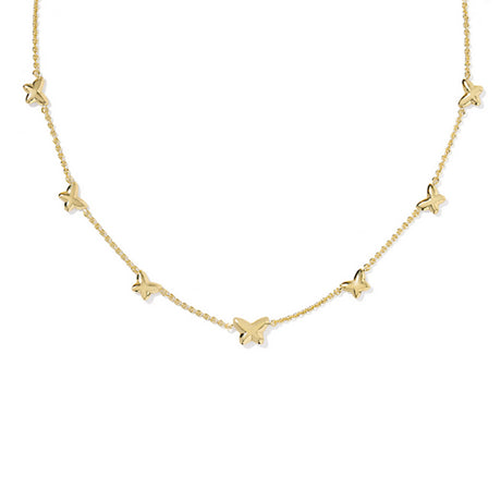 Gold necklace with small butterfly pendants on a white background