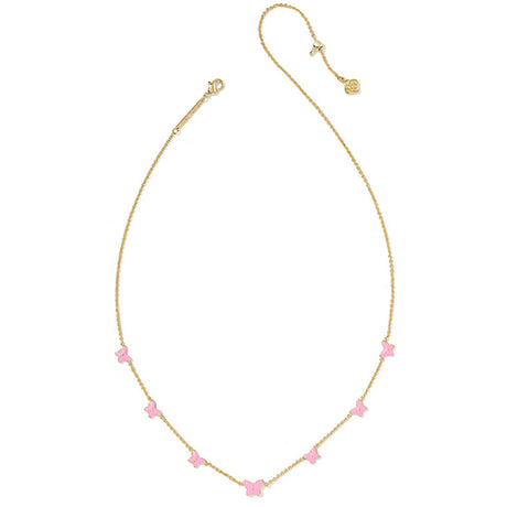 Gold necklace with pink flower-shaped pendants on a white background