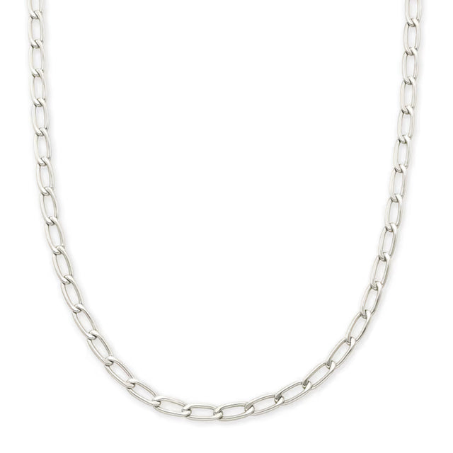 A silver Figaro chain necklace with polished oval links, displayed in a curved shape against a solid white background.