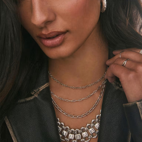 Close-up of a model wearing layered silver chain necklaces, including a delicate cable chain, a paperclip chain, and a chunky link chain, styled with a statement silver bib necklace and silver rings.