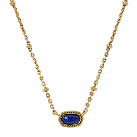 Gold necklace with a blue stone pendant on a white background