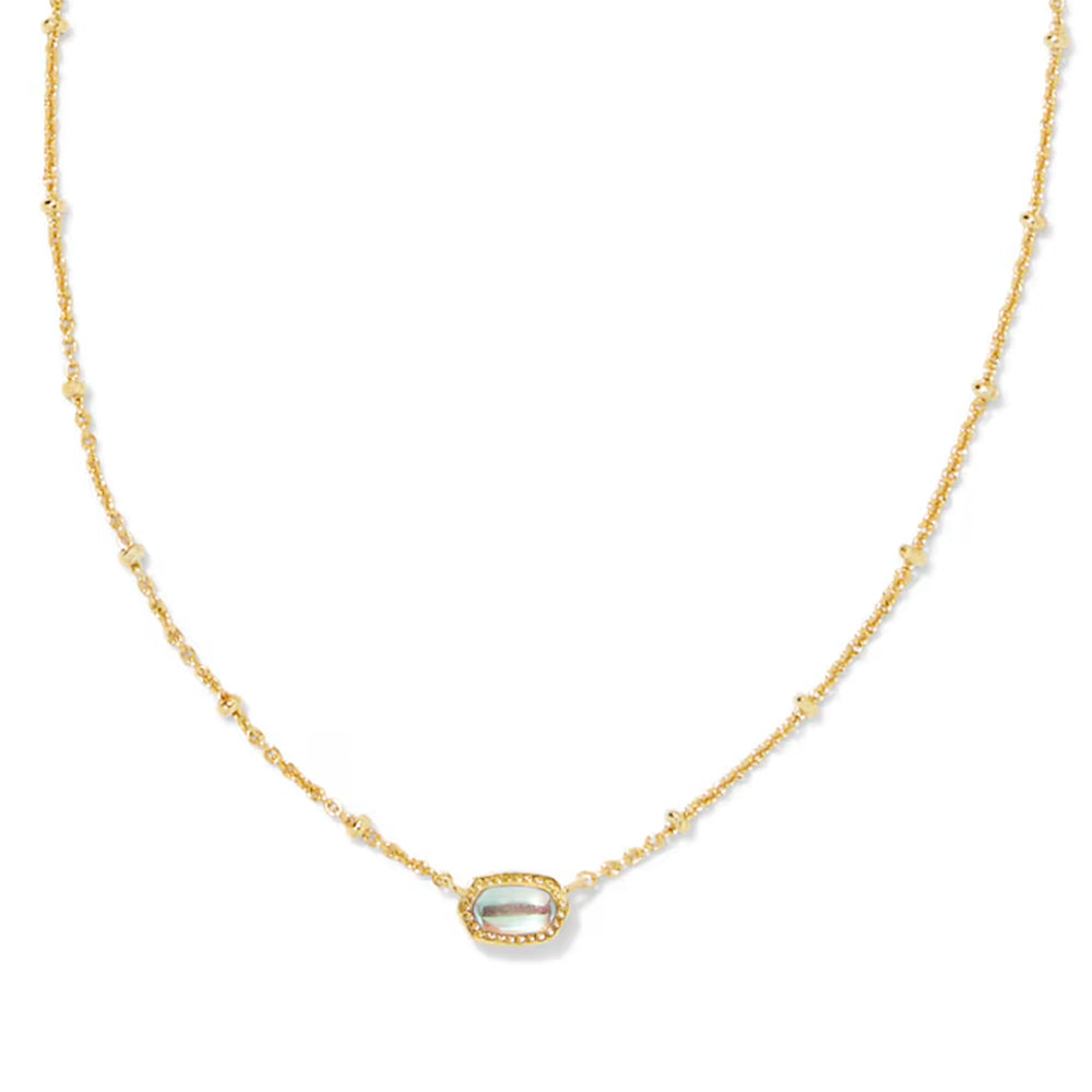 A delicate gold chain necklace featuring a central oval bezel-set pale blue-green stone, displayed on a clean white background.