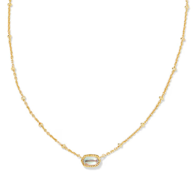 A delicate gold chain necklace featuring a central oval bezel-set pale blue-green stone, displayed on a clean white background.