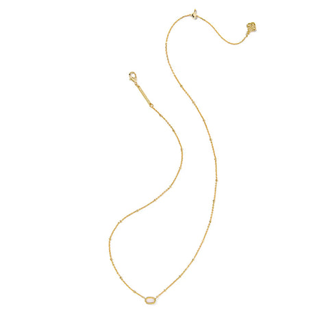 A delicate gold chain necklace with a small oval pendant, displayed on a clean white background.