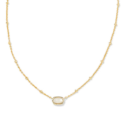 A delicate gold chain necklace featuring a central oval bezel-set white stone, displayed on a clean white background.
