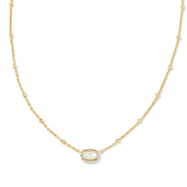 A delicate gold chain necklace featuring a central oval bezel-set white stone, displayed on a clean white background.