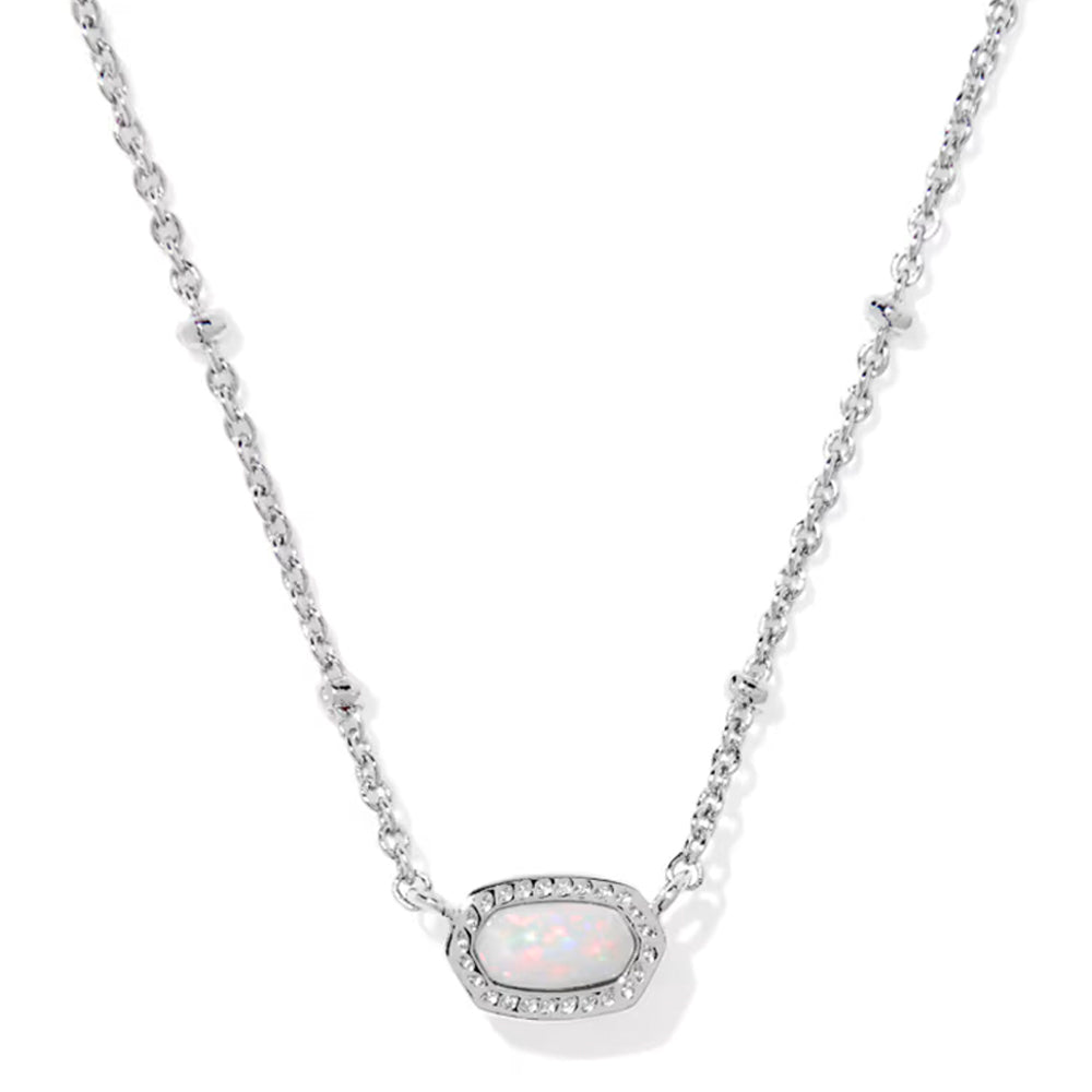 A silver chain necklace featuring an oval-shaped white opal pendant with a halo of small clear stones, shown on a clean white background.