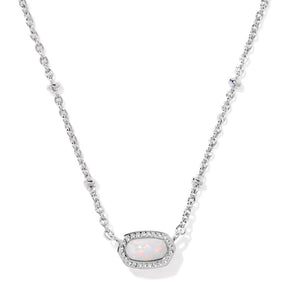 A silver chain necklace featuring an oval-shaped white opal pendant with a halo of small clear stones, shown on a clean white background.