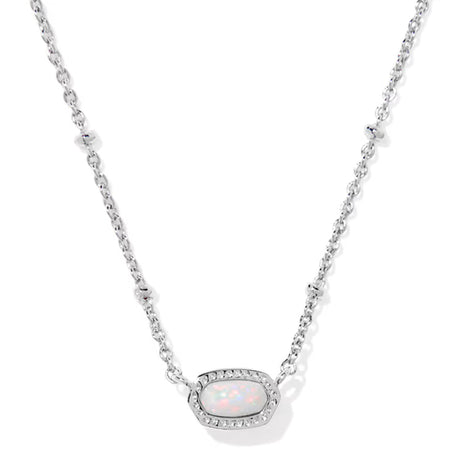 A silver chain necklace featuring an oval-shaped white opal pendant with a halo of small clear stones, shown on a clean white background.
