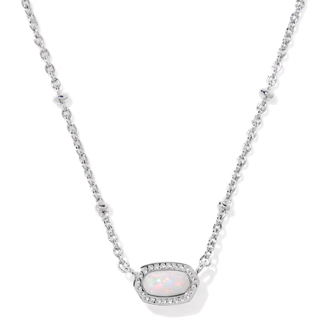 A silver chain necklace featuring an oval-shaped white opal pendant with a halo of small clear stones, shown on a clean white background.