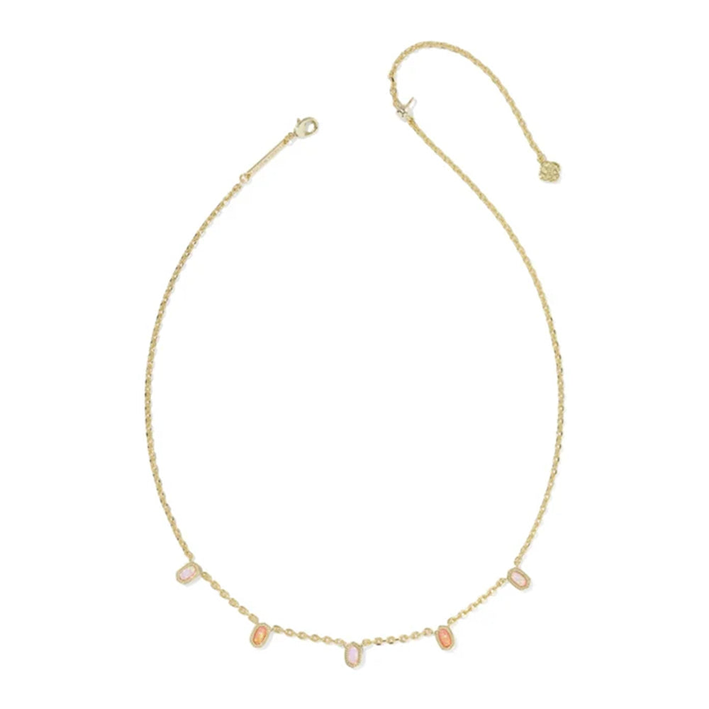 A delicate gold chain necklace featuring five small, oval-cut pale pink gemstones spaced along the front, displayed on a clean white background.