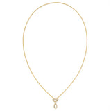A delicate yellow gold chain necklace with a small geometric pendant and a teardrop-shaped clear gemstone, displayed on a clean white background.