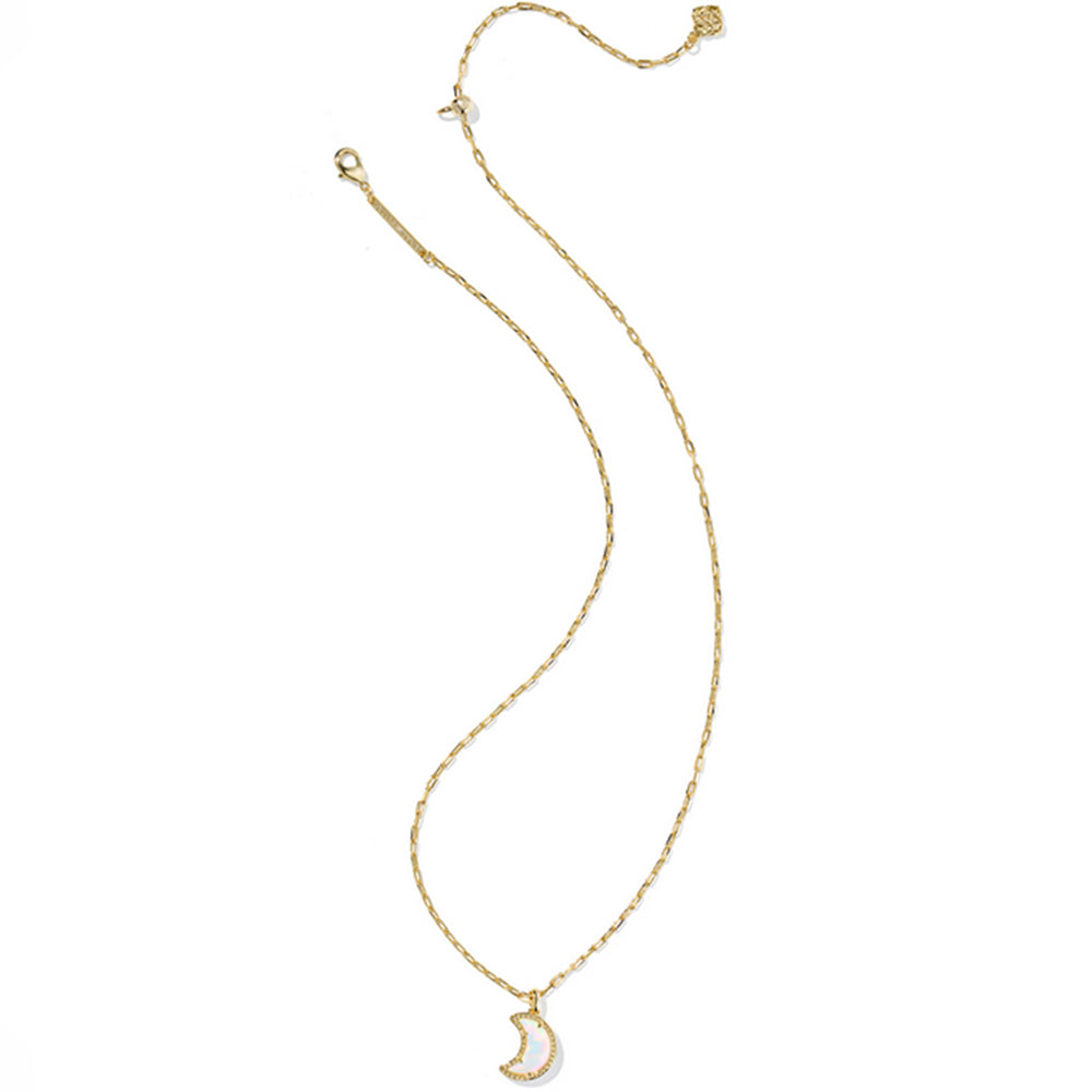 Gold necklace with a crescent moon pendant on a white background