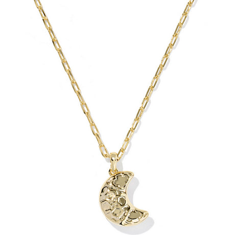 Gold necklace with a crescent moon pendant on a white background
