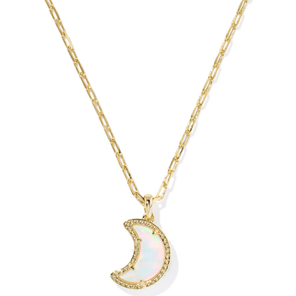 Gold necklace with a crescent moon pendant on a white background