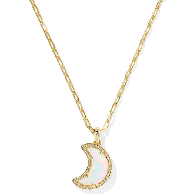 Gold necklace with a crescent moon pendant on a white background