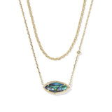 A double-strand gold necklace featuring a textured chain and a central marquise-shaped pendant with an iridescent abalone shell inlay and a small clear crystal accent.