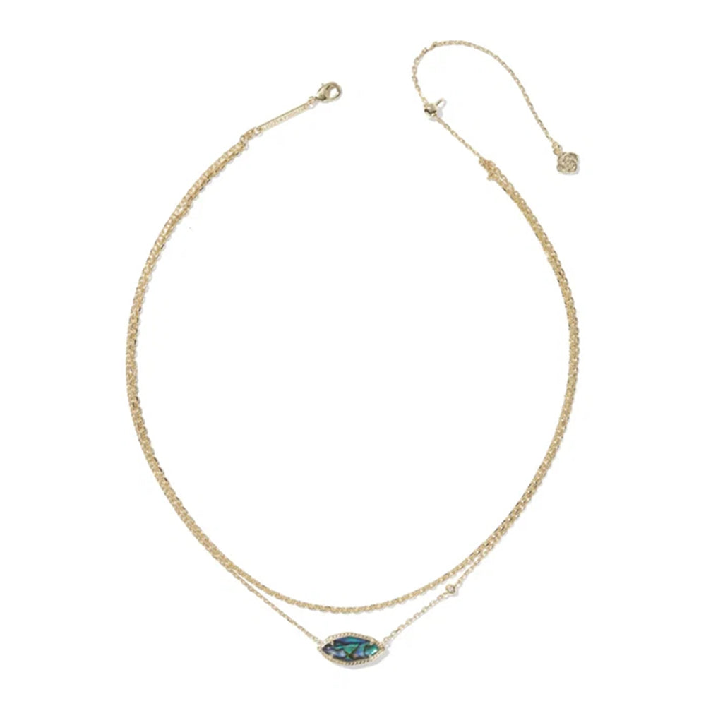 A delicate double-layered gold necklace featuring a small marquise-cut blue-green opal pendant at the center, displayed on a clean white background.