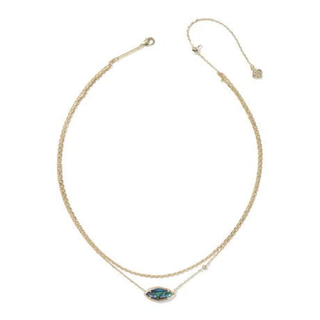 A delicate double-layered gold necklace featuring a small marquise-cut blue-green opal pendant at the center, displayed on a clean white background.