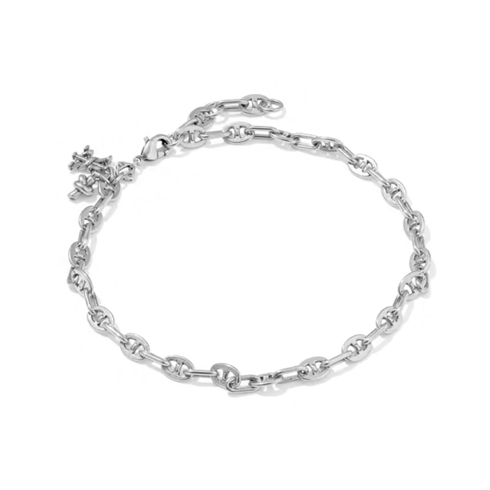 A silver-toned metal chain bracelet with a small horse-and-carriage charm and lobster clasp, shown on a plain white background.