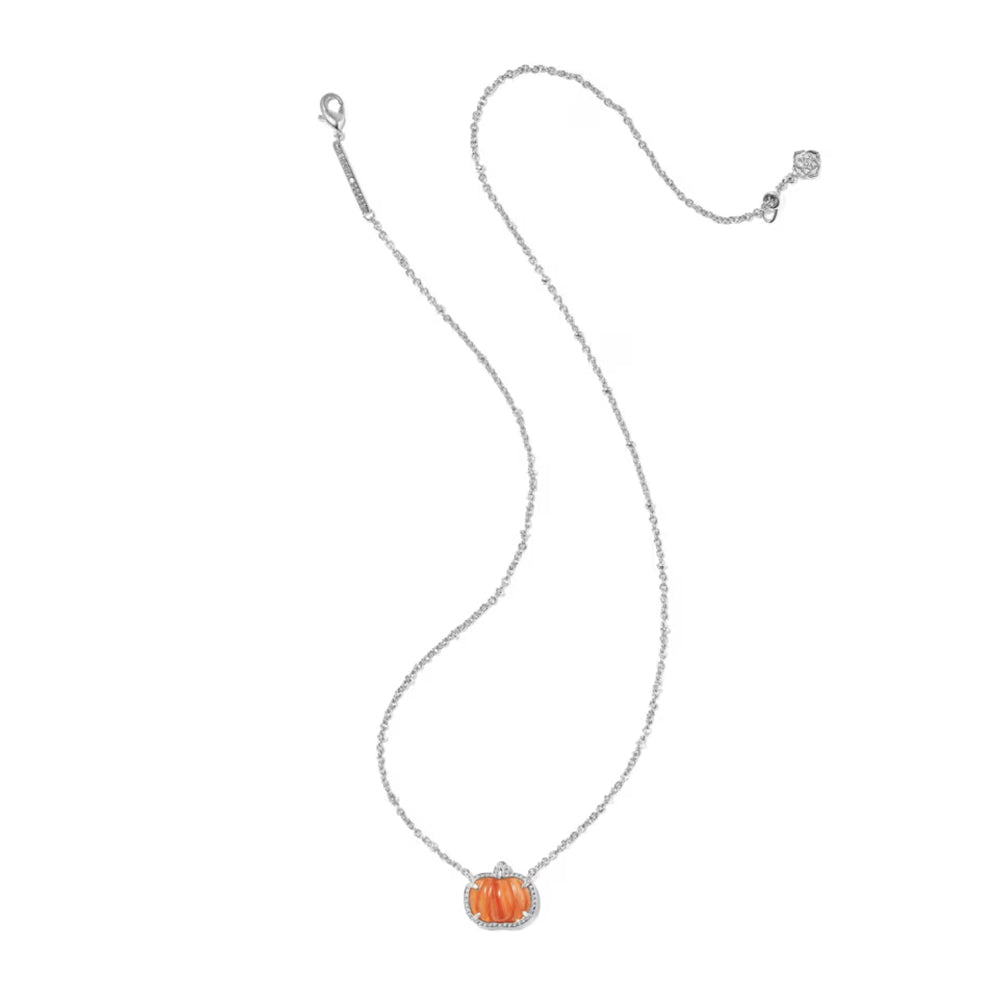 A silver chain necklace featuring a small orange pumpkin pendant with a silver border, displayed on a clean white background.