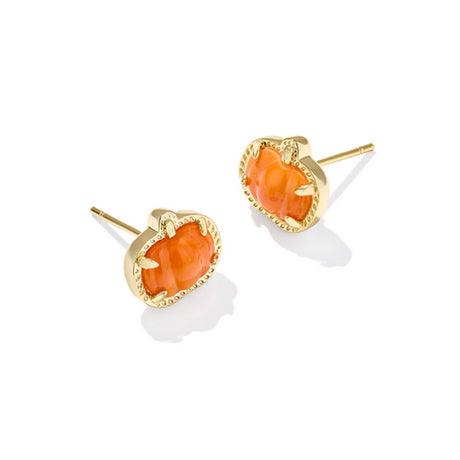 Pumpkin-shaped earrings with orange stones and gold frames on a white background