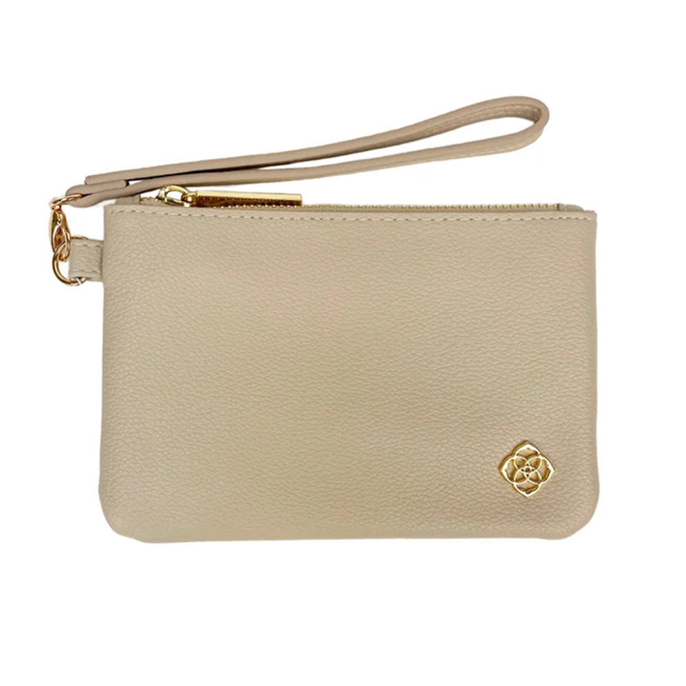 A beige pebbled leather wristlet clutch with a matching wrist strap, gold zipper, and a small gold geometric logo on the front, shown against a plain white background.