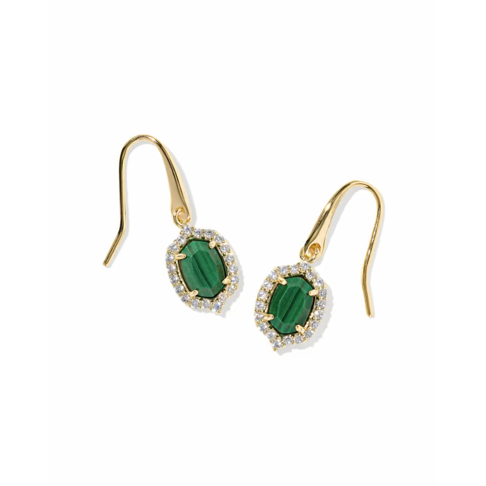 A pair of gold drop earrings featuring oval-cut green emerald-cut gemstones surrounded by small clear stones, shown on a plain white background.
