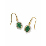 A pair of gold drop earrings featuring oval-cut green emerald-cut gemstones surrounded by small clear stones, shown on a plain white background.