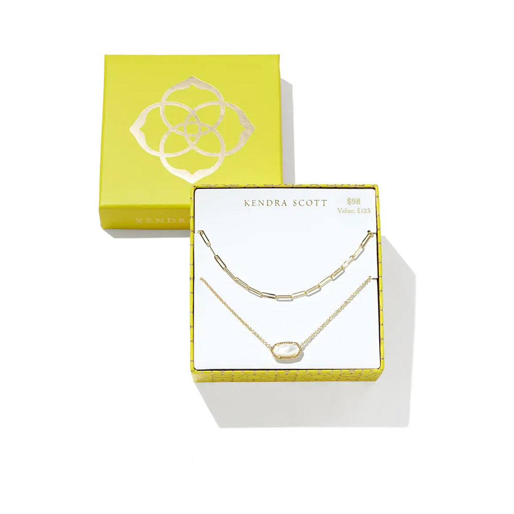 Kendra Scott 925 Yellow Gold necklace set in an open presentation box, with a second closed yellow box behind it on a white background.