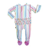 A baby footed sleeper with long sleeves and a ruffled waist, featuring pastel rainbow checkered vertical stripes and a floral patterned ruffle, on a white background.