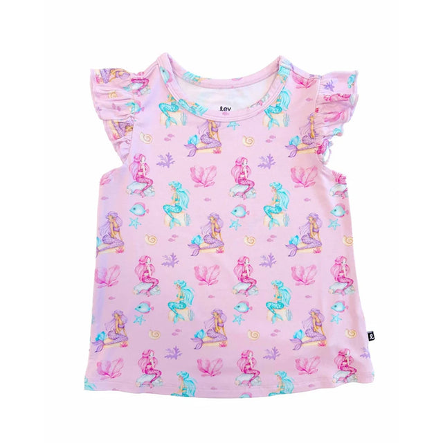 A pink children's short-sleeve top with ruffled sleeves, featuring an all-over print of colorful mermaids, sea plants, and small starfish motifs.