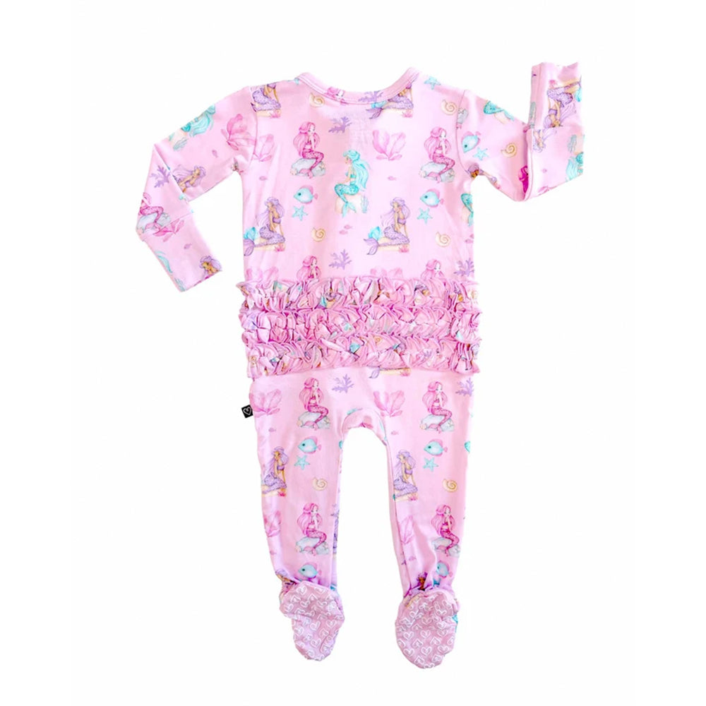 A pink baby footed sleeper with long sleeves and a ruffled waist, featuring an all-over mermaid and sea creature print in pastel colors.