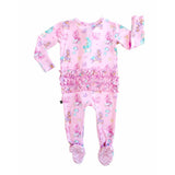 A pink baby footed sleeper with long sleeves and a ruffled waist, featuring an all-over mermaid and sea creature print in pastel colors.