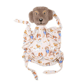 Plush dog lovey with a patterned blanket featuring dog illustrations.