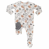 Baby onesie with sports-themed print on a white background