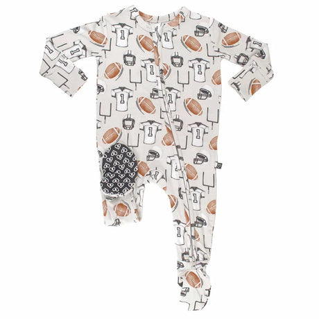 Baby onesie with sports-themed print on a white background