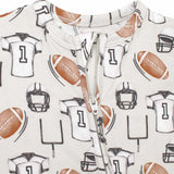 Children's hoodie with football-themed pattern on a white background