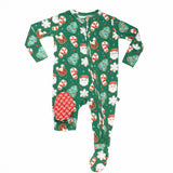 Christmas-themed baby onesie with festive patterns on a white background